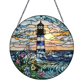 Round Stained Glass Window Hanging, Lighthouse Suncatchers Wall Decor Art for Windows, Gifts for Women, Grandma, Housewarming | Vibrant Colors, Indoor/Outdoor Décor (Color-Blue)