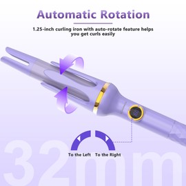 MAIMEITE Automatic Hair Curler, Self-Rotating Curling Iron 1.25 inches, 32mm Beach Waves Curling Wand, 8 Temperature Options, Extended Barrel for Long Hair, Purple