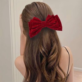 Large Hair Bows for Women Glitter Bow Hair Clips Velvet Bow Clips Cute Hair Bow Clips French Bow Crystal Bows Party Wedding Barrette Bowknot Hair Accessories Red