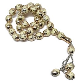 Muslim Tasbih 33 Rosary Bead AMN-276 Islam Prayer dhikr Misbaha with Masjid Image Printed on Laser Crystal Stone Beads Islamic Religion Eid Ramadan Gift (Gold_2)