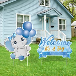 2Pcs Baby Shower Yard Sign with Stake Gender Reveal Yard Sign Blue Elephant Lawn Decoration Welcome It's A Boy Lawn Decor Welcome Baby Boy Announcement Decor for Outdoor Gender Reveal Party
