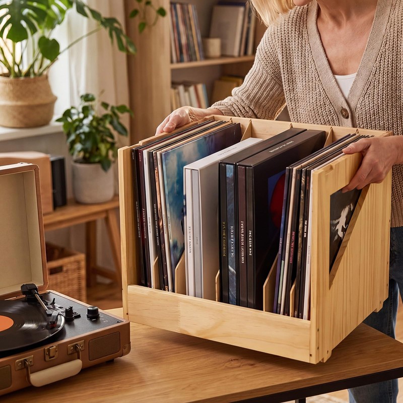 Briwooody 85 Records Wood Vinyl Record Storage with Handles for