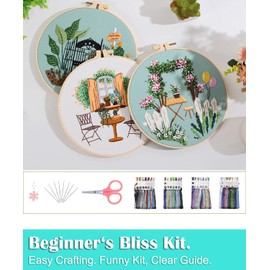 HILYPINK 4 Set Embroidery Kit for Beginners, Cross Stitch Kits for Adults with Garden Floral Plant Pattern Hand Crafts Include Embroidery Cloth Hoops Threads