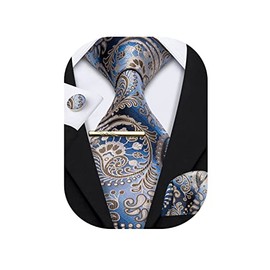 Barry.Wang Men's Silk Paisley Ties with Handkerchief Cufflink Tie Set Festive Wedding 3 Pieces, blue / grey