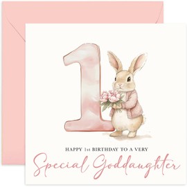 1st Birthday Greeting Card for Goddaughter - Pink Bunny Rabbit with Watercolour 1 Design - Baby Girl Bday Cards - For Family - Keepsake Gifts for First Birthday