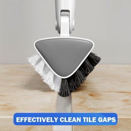Grout Brush with Long Heavy Duty Handle, 180° Swivel Floor Scrub Brush, V-Shaped Grout Line Scrubber with Stiff Bristles, Cleaning Brush for Deep Cleaning Tile Grout, Shower, Kitchen, and Concrete