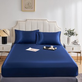 DuShow Satin Fitted Sheet King Navy Blue,Silky Deep Pocket Satin Bed Sheets,Breathable Soft Comfortable Satin Sheets King,Fitted Sheet Only(Navy Blue,King)