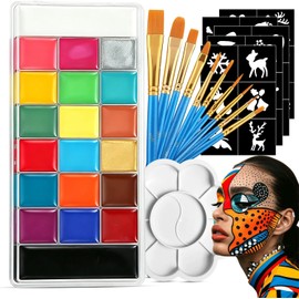 Pintura Facial, Maquillaje Pintacaritas de 20 Colores, Incluye 10 Pinceles, 5 Plantilla, 2 Esponjas y 1 Paleta, Kit de Pintura de Seguro e Inodoro, Ideal para Halloween, Las Fiestas de Disfraces