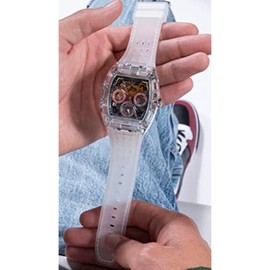 GUESS Mens 44 mm Watch - Clear Strap Rainbow Dial Clear Case