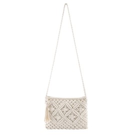 White Crochet Crossbody Bag for Women Small Handbag Handmade Woven Envelope Wallet Clutch Purse Boho Shoulder Bag with Zip