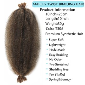 8 Packs Springy Afro Twist Hair Brown Marley Twist Braiding Hair 10 Inch Kinky Twist Short Marley Twist Hair for Black Women Soft Locs Passion Hair Extensions