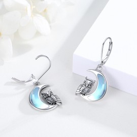 Owl Moonstone Earrings 925 Sterling Silver Animal Earrings Moon Dangle Drop Earrings Jewellery Gifts Birthday Christmas Valentine's Day for Women Girls
