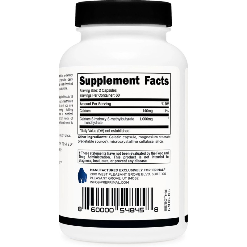 Primal HMB (1000mg, 120 Capsules) | Athlete Formula, Gluten-Free, Non-GMO,...