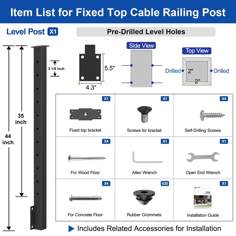 BLIKA 36" Side Mount Cable Railing Posts, Stainless Steel, Level