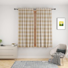 UPOPO Cortinas de ventana a cuadros de búfalo de 48 pulgadas de largo, paneles de cortina de algodón para recámara, a cuadros, decoración de granja, cortinas con bolsillo para barra, cocina, sótano, 2 paneles, color beige y blanco, 52 x 48 pulgadas