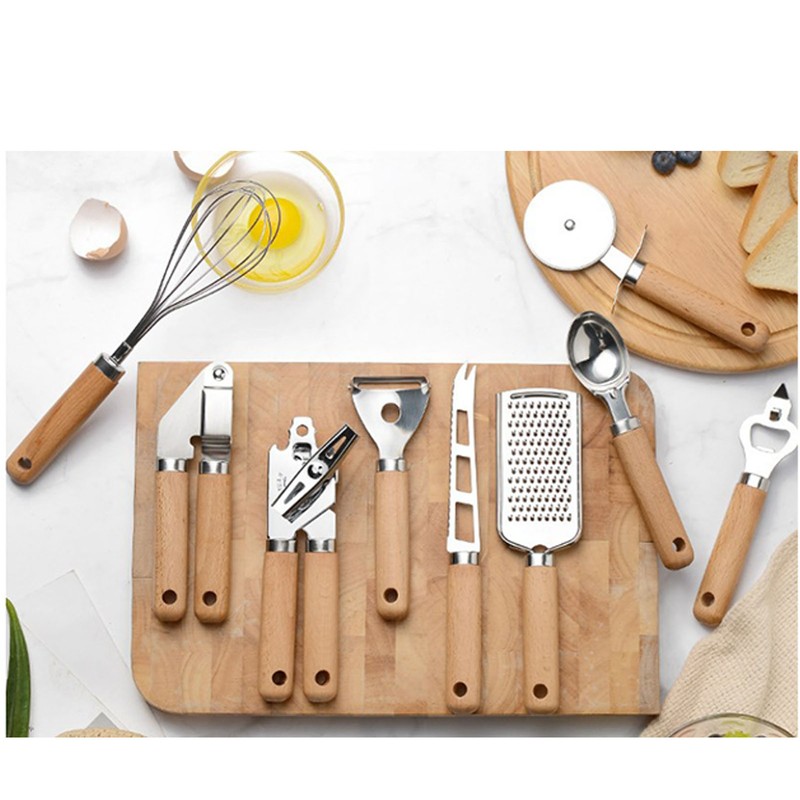 9PCS Kitchen Utensil Set Stainless Steel Wooden Handle Portable Baking