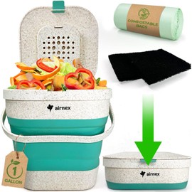 Collapsible Small Compost Bin Kitchen Counter Caddy with Lid - 1 Gallon Eco Countertop Compost Container Made of Wheat Straw - Food Waste Composter Indoor Use with 20 Trash Bags and 2 Carbon Filters