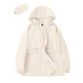 Avoogue Windbreaker Women Waterproof Rain Jackets Lightweight Active Outdoor Climbing Hooded Raincoat (Beige, L)