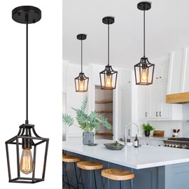 foucasal Black Pendant Light for Kitchen Island Mini Lantern Pendant Light Fixtures Farmhouse Adjustable Height Hanging Pendant Lighting for Dining Room Foyer(E26 Bulb Base)