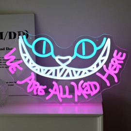 Cheshire Cat Neon Sign for Wall Decor Alice In Wonderland Neon Light We're All Mad Here LED Sings for Bedroom Man Cave Party Bar Background Decoration Birthday Gifts(Dimmable&USB Power)