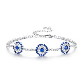 VOROCO Evil Eyes Bracelet for Women Teen White Gold Plated 925 Sterling Silver Blue Evil Eyes Link Bracelet with Cubic Zirconia