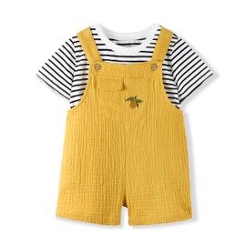 Volunboy Unisex Baby Short Overalls Jumpsuit & T-Shirt 2 Piece Outfit Summer Clothing Set(Tag Size 90,18-24 Months,Yellow