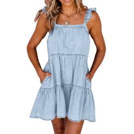 Newffr Womens Summer Denim Dress Square Neck Ruffle Trim Sleeveless Babydoll Flowy Jean Dresses with Pockets Light Blue