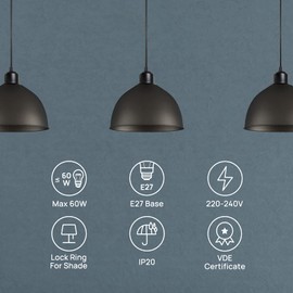 Linkind Metal E27 Pendant Light Fitting, Modern Industrial Lamp Holder with Lock Ring, 100cm Braided Flexible Cable, Black, 2 Pack