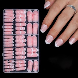 Anyos French Tip Press On Nails-300Pcs Short Oval French Gel Nail Tips Short,No File Need Tips Pre-Designed,Fake Nails for Nail Art DIY 15Sizes(Pink)