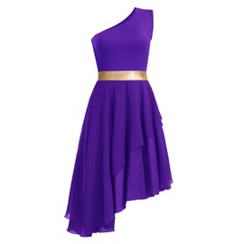 ZYACTU Women's Praise Dance Dress One Shoulder Liturgical Worship Overlays Dress Irregular Hem Lyrical Dancewear Tag XL-Purple
