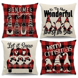 JOJOGOGO Christmas Decorations Gnome Christmas Pillow Covers 18x18 Set of 4, Red and Black Buffalo Plaid Merry Christmas Decor Pillow Covers for Bedding Couch Sofa Living Room