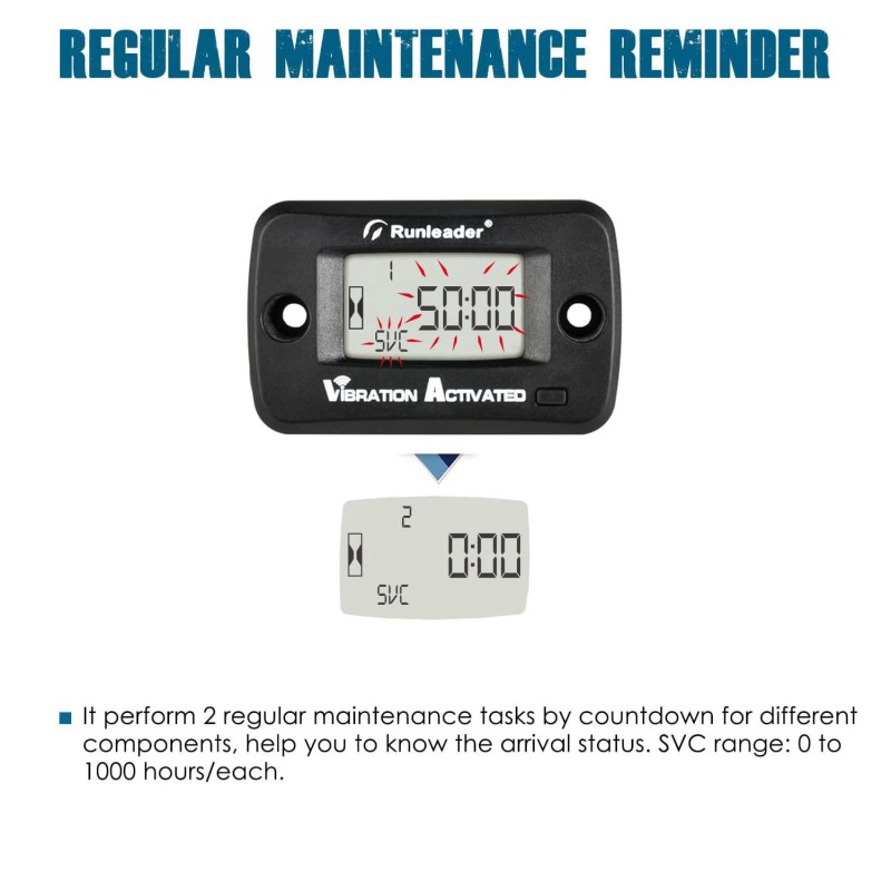 Runleader Digital Wireless Vibration Hour Meter JOB Timer Maintenance Reminder