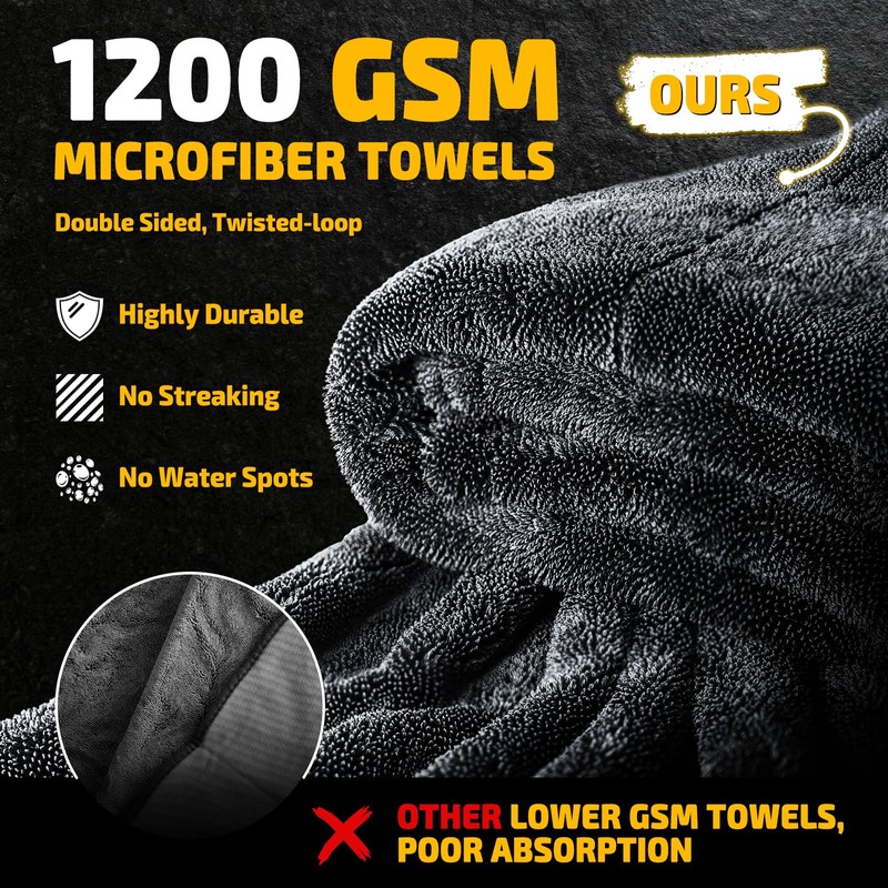 SMINDER 2-Pack 1200 GSM Car Drying Towels – Microfiber Towels