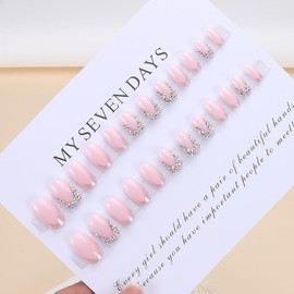 30Pcs French Tip Press on Nails Short Square Fake Nails with Rhinestone Glue on Nails Glossy Pink False Nails French Acrylic Nails Glitter Nails Tip Stick on Nails Reusable Artificial Nails for Women