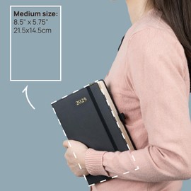 POPRUN 2025 Daily Planner (A5 Size 5.5" x 8.5") One Page Per Day with Vegan Leather Hardcover Calendar - Agenda 2025 Hourly Appointment Book with Monthly Tabs, Inner Pocket - Black