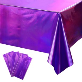 OQOQ Iridescent Table Cloths (4 Packs, Purple) - Rectangular Birthday Decorations Table Cover Disposable Plastic Table Cloth, Waterproof Foil Tablecloth, Birthdat Party Bachelorette Party 54x108
