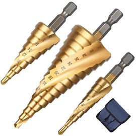 Flintronic HSS Step Drill, 3-Piece Step Drill Set, Peeling Drill Set, Exact Spiral Groove Taper Drill, 4 mm to 12/20/32 mm, Titanium-Coated Professional Metal Drill Bit Set for Metal, Wood, Plastic