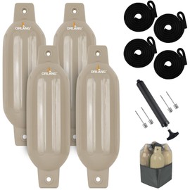 ORLANG 4.5in X 16in Boat Fenders, Boat Bumpers for Docking 4 Pack, Inflatable Ribbed Twin Eyes Vinyl Boat Bumpers Fenders, Pontoon Bumpers with Air Pump,Ropes,Needles and Storage Bag - Sand