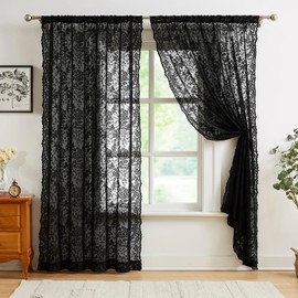 Abstractex Lace Net Sheer Curtains 90 Inches Long Black Floral Leaf Knitted Vine Vintage Light Filtering Embroidery Window Treatment for Girls Bedroom Living Room, Rod Pocket 58" W