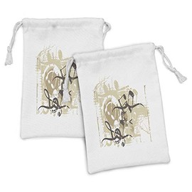 Ambesonne Music Fabric Pouch Set of 2, Grunge Style Motifs on Plain Backdrop Illustration Neutral Tones Print, Small Drawstring Bag for Toiletries Masks and Favors, 9" x 6", White Seal Brown