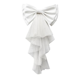 NICENEEDED Detachable Satin Bow for Wedding Dress, White Bridal Dress Back Bowknot with Irregular Tulle Tail, Satin Big Bow for Formal Gown Bride Party Special Occasion