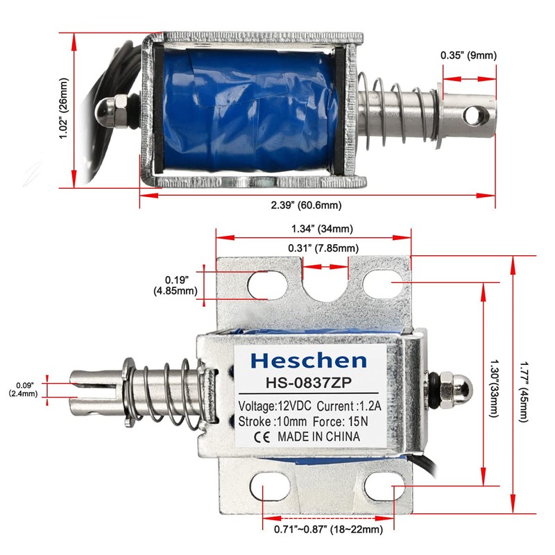 Hechen Solenoid Electromagnet, HS-0837ZP, DC12V, 15N, 10mm Stroke, Push Pull