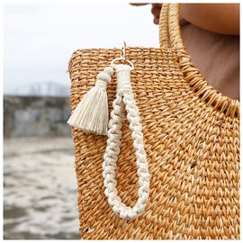 Macrame Boho Keychain Bracelet Handmade Tassel Wristlet Keychain Keyring Holder Wrist Lanyard for Women, B_beige, Medium