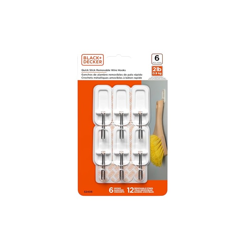 BLACK+DECKER Wire Toggle Hooks, Quick Stick Adhesive, Removeable, 6 Wall