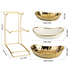 YYW 3 Tier Fruit Bowl for Kitchen Counter, White Gold Ceramic Fruit Stand for Countertop, Home Fruit Rack with Holder, Vegetable Bowl Snacks Nuts Bread Candy Storage (Gold)