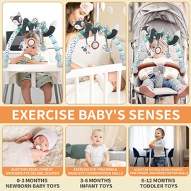 Baby Stroller Arch Toys, with Stretch & Spiral Black and White Hanging Toy Activity Set, Adjustable Clamp for Strollers, Cribs & Car Seats, Includes Rattles, Squeaker & Teether (02)