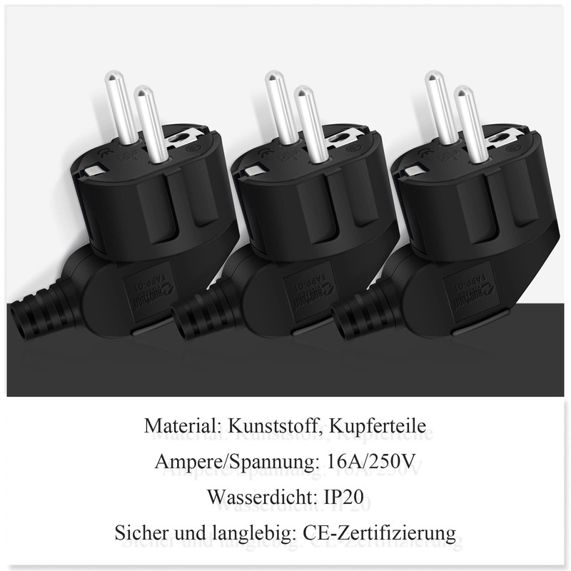 Pack of 2 Schuko Plugs, IP20 Schuko Plug for Indoor