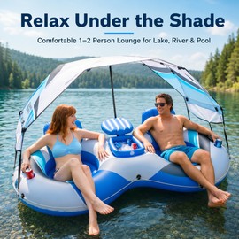 Inflatable River Tube with Canopy for Pool & Lake Lounging – 1–2 Person Floating Raft with Cup Holders