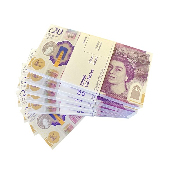 Big Screen Stacks | NEW EDITION PROP MONEY UK 20 POUNDS 500 BANK NOTES (FIVE STACKS) Extra Bank Strap - Authentic Film Edition - Movies Play Fake Cash Casino Photo Booth Props