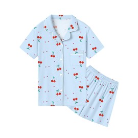 QZH.DUAO 100% Cotton Girls' Pajama Set with Button-Up Short Sleeve Sleepwear Nightwear Loungewear for girl, Blue Cherry, 9-10 Years